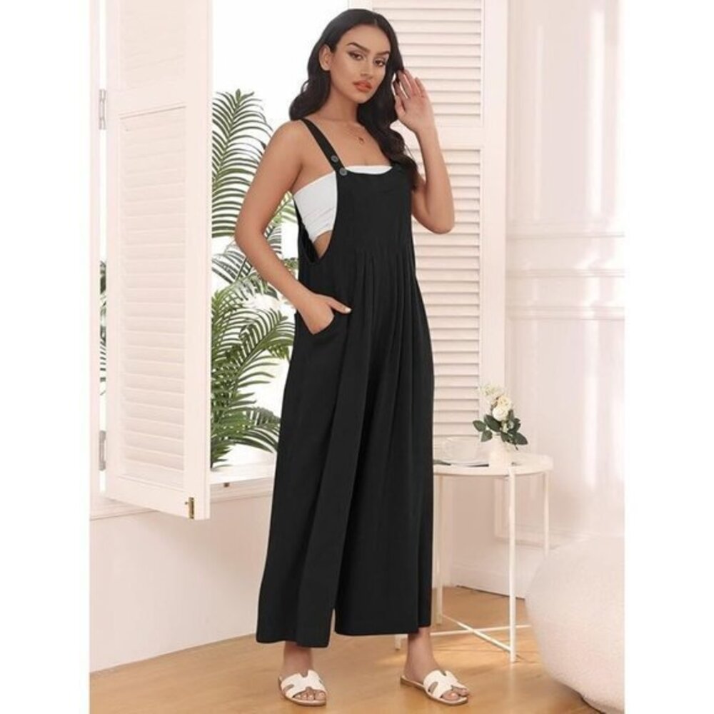Women's Black Wide Leg Overall Sleeveless Jumpsuit